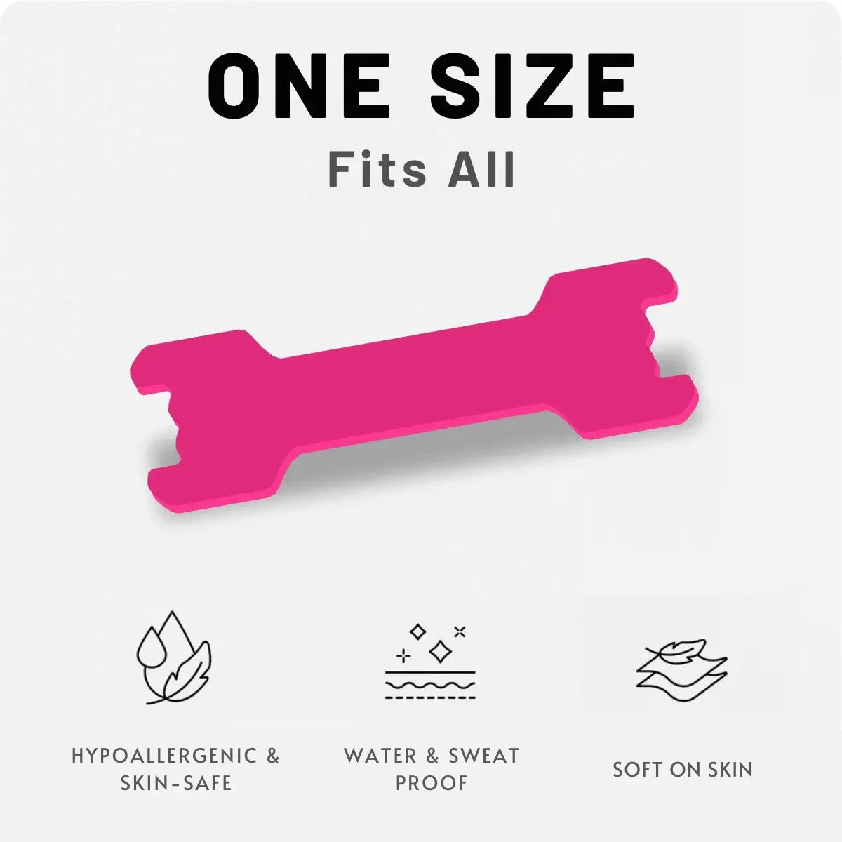 Pink dog bone-shaped product with 'One Size Fits All' text and features on a white background