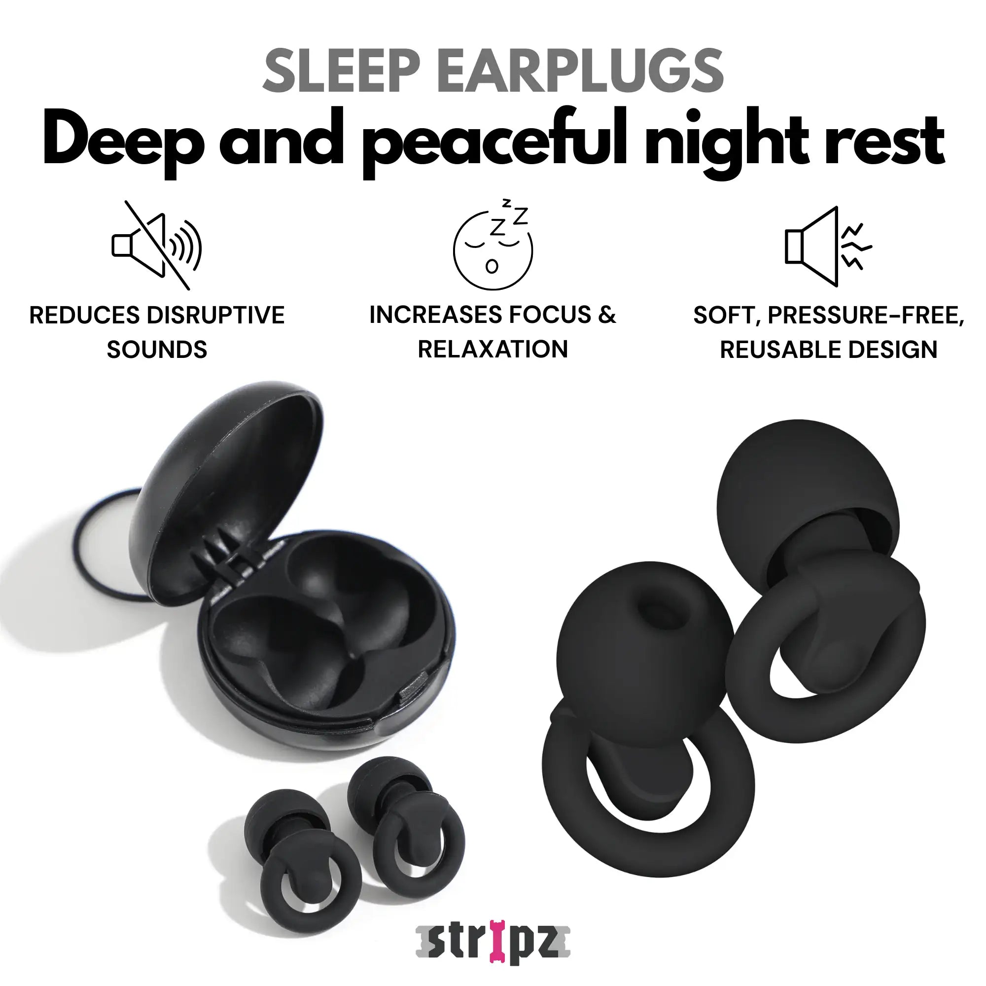 Sleep earplugs with packaging and features on a white background