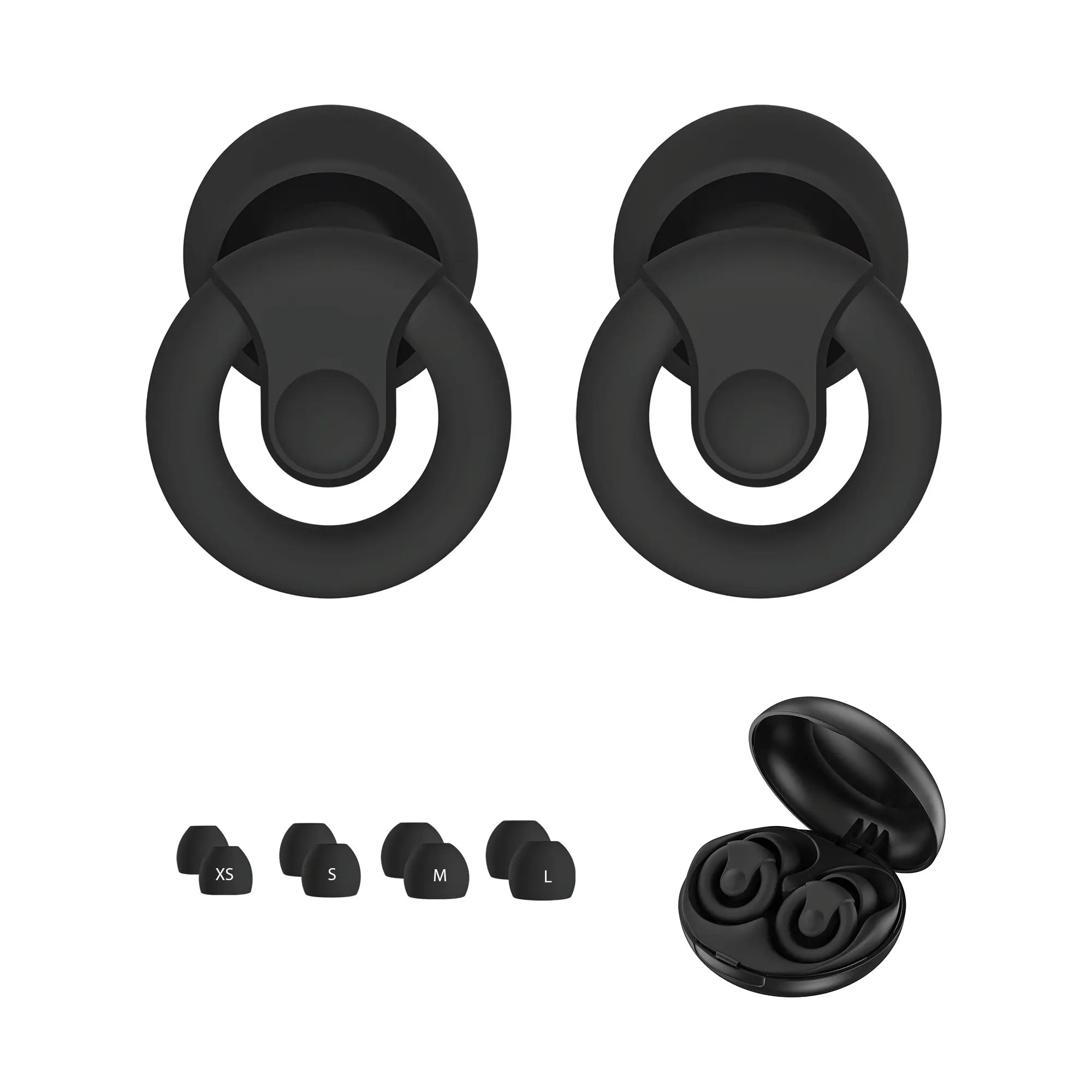 Black silicone earbud cases with size chart on a white background