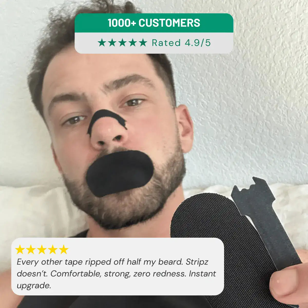 Man wearing a black strip on his face with text about customer feedback and product rating.