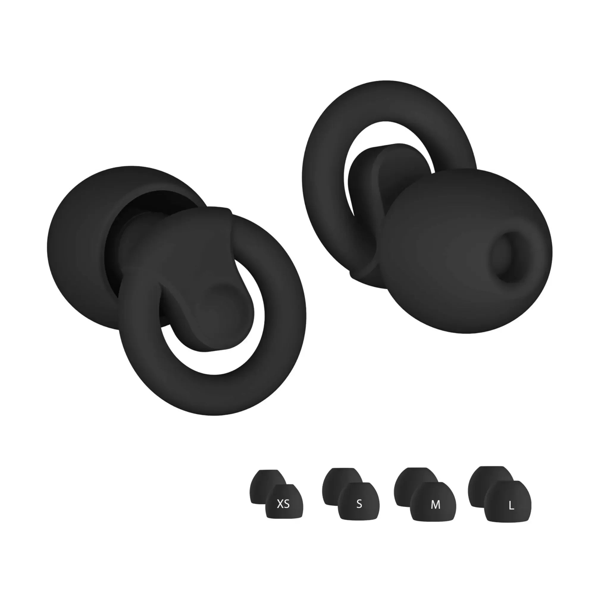 Black silicone earbuds with size indicators on a white background