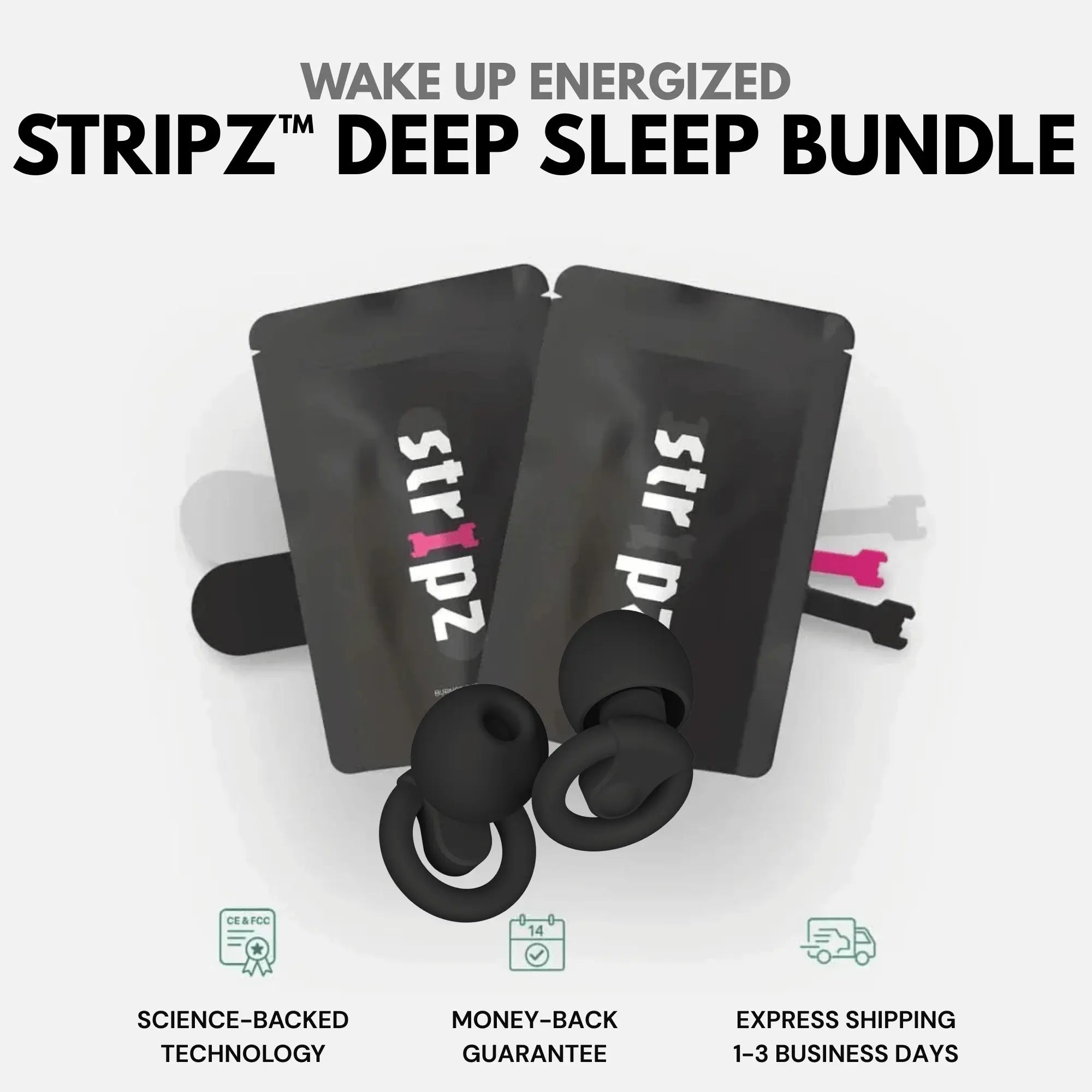 Stripz deep sleep bundle with black packaging and earbuds on a white background