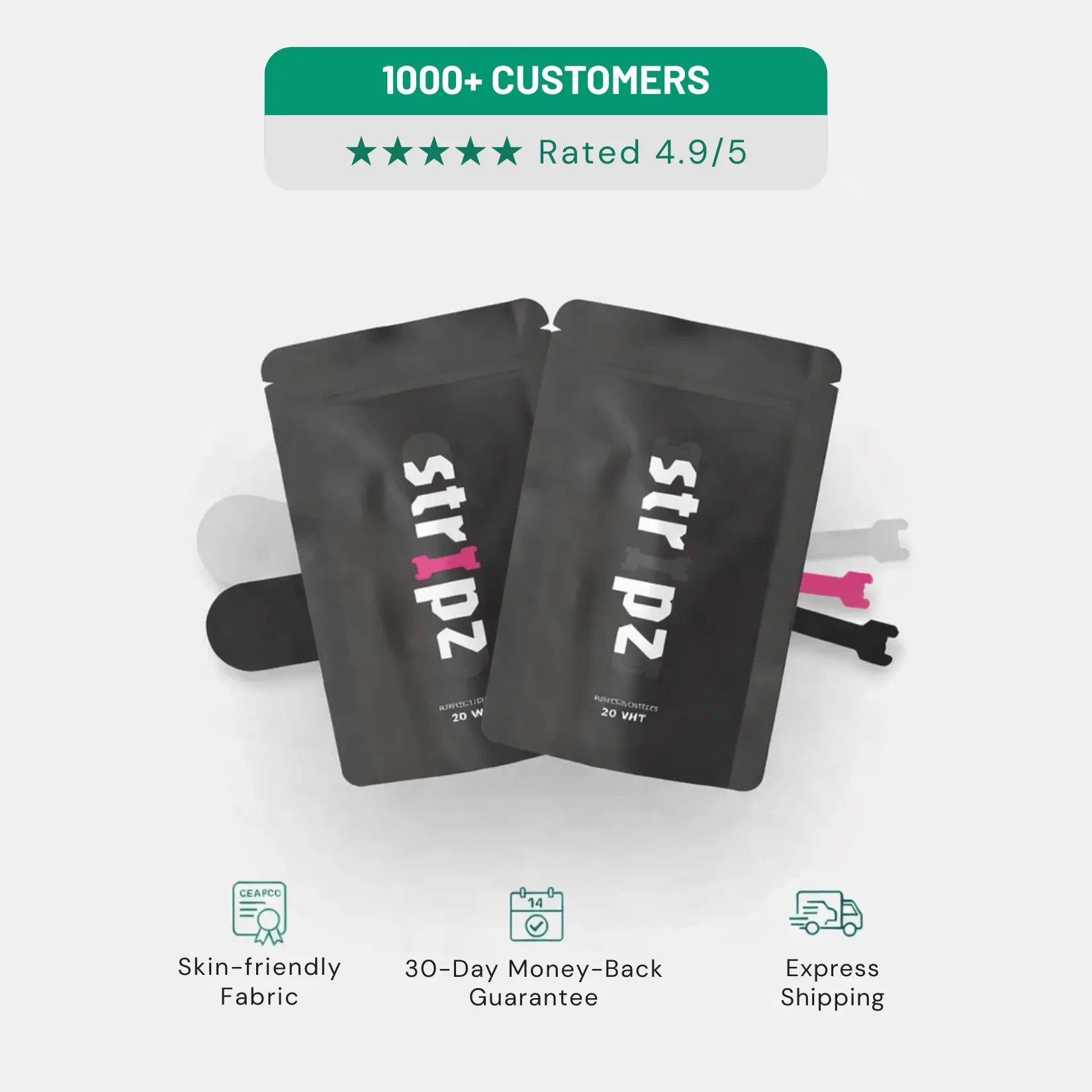 Two black 'stripz' packages with customer rating and product features on a white background