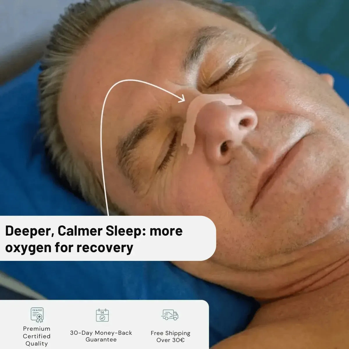 Man lying down with a device on his face, promoting deeper, calmer sleep.