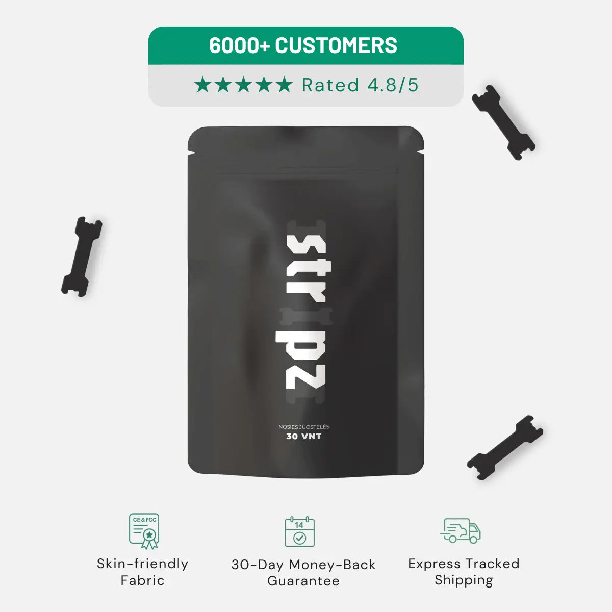 Black package with 'str p2' branding on a white background, featuring customer rating and product features.