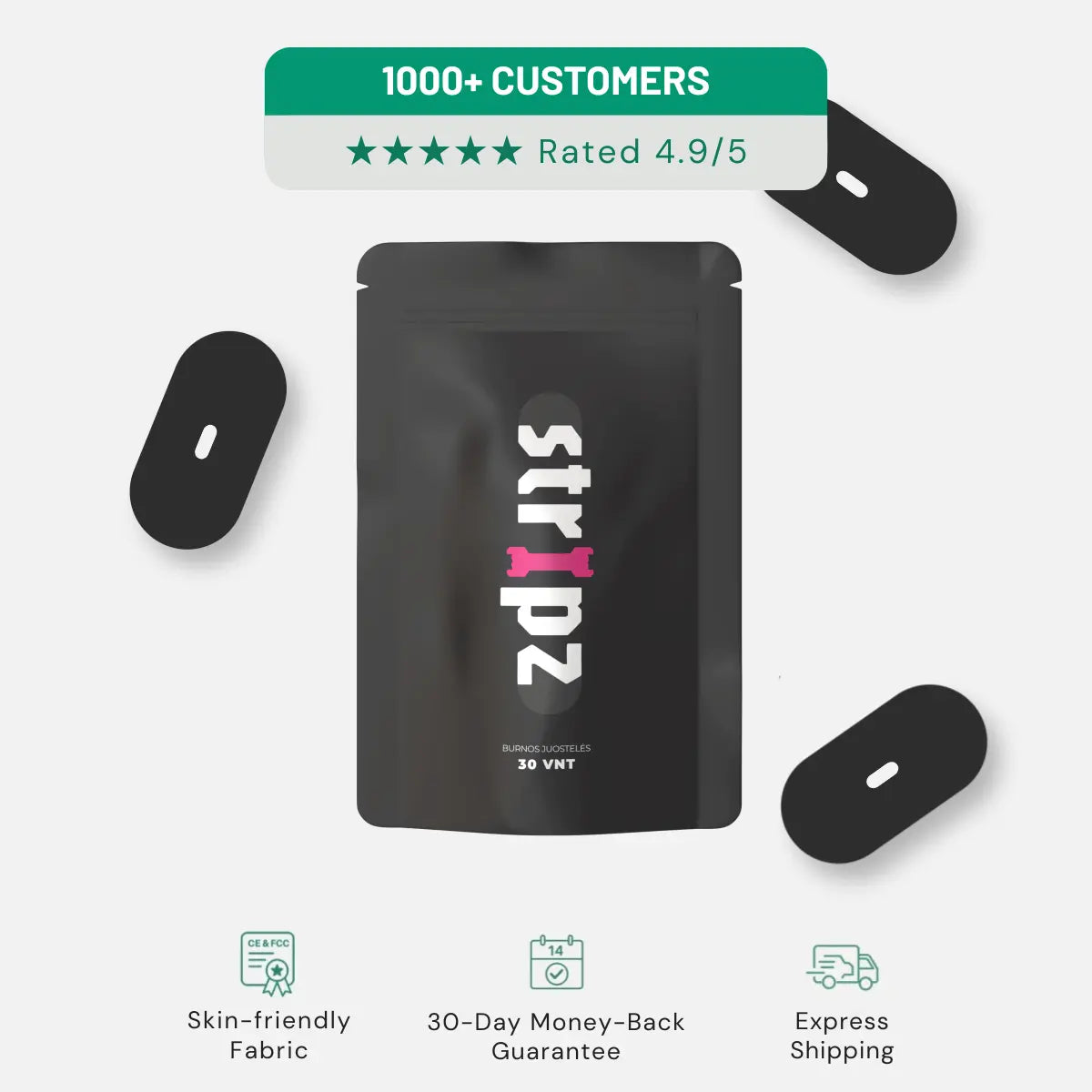 Black packaging of 'stripz' with product details on a white background