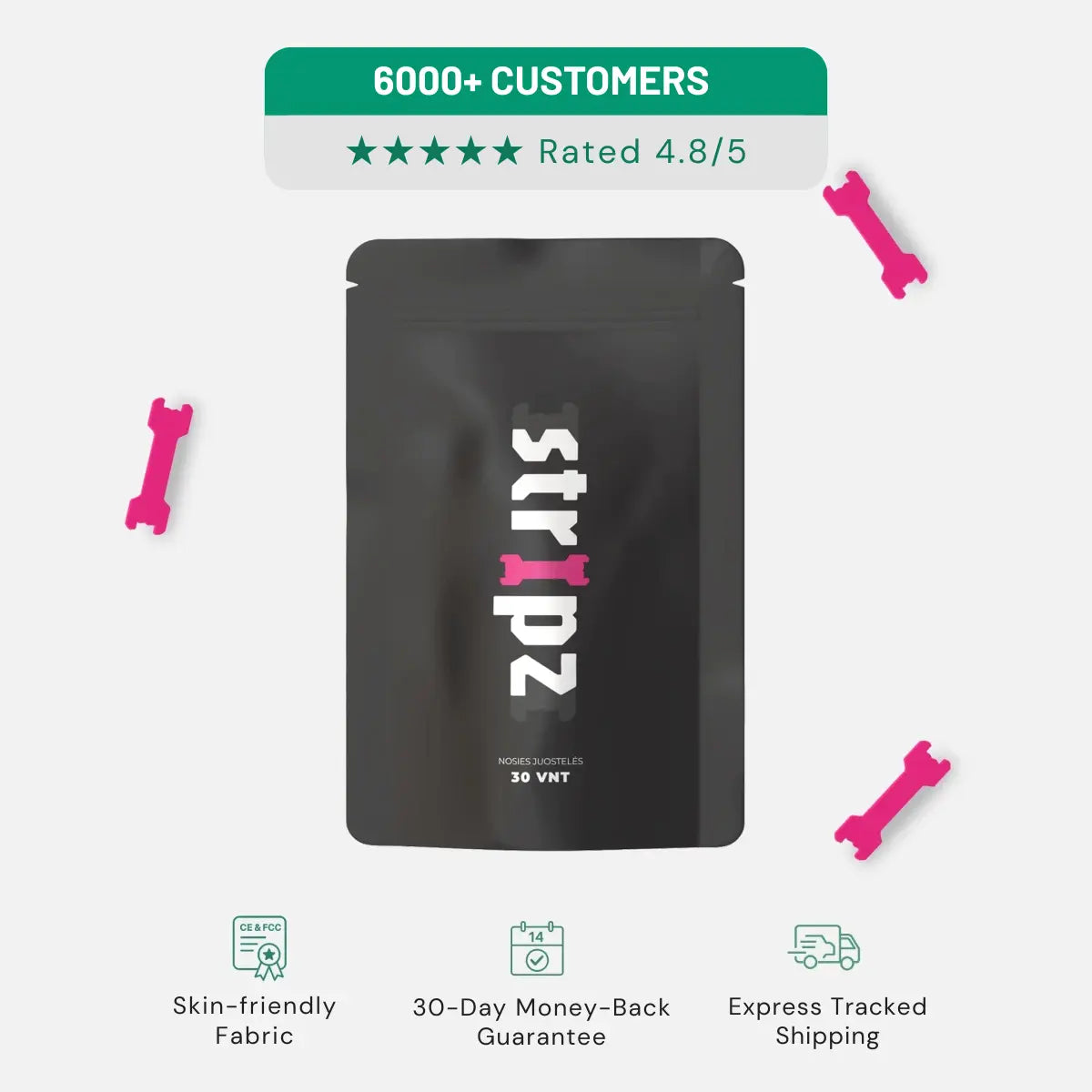 Black package with 'stripz' branding on a white background with pink dog bones.