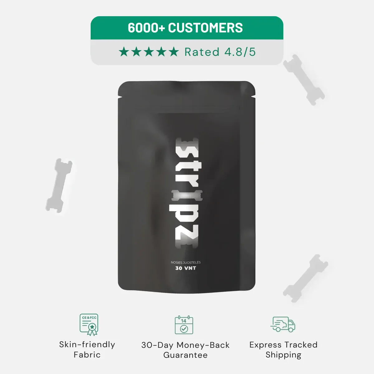 Black package with 'Stripz' branding on a white background with bone graphics and promotional text.